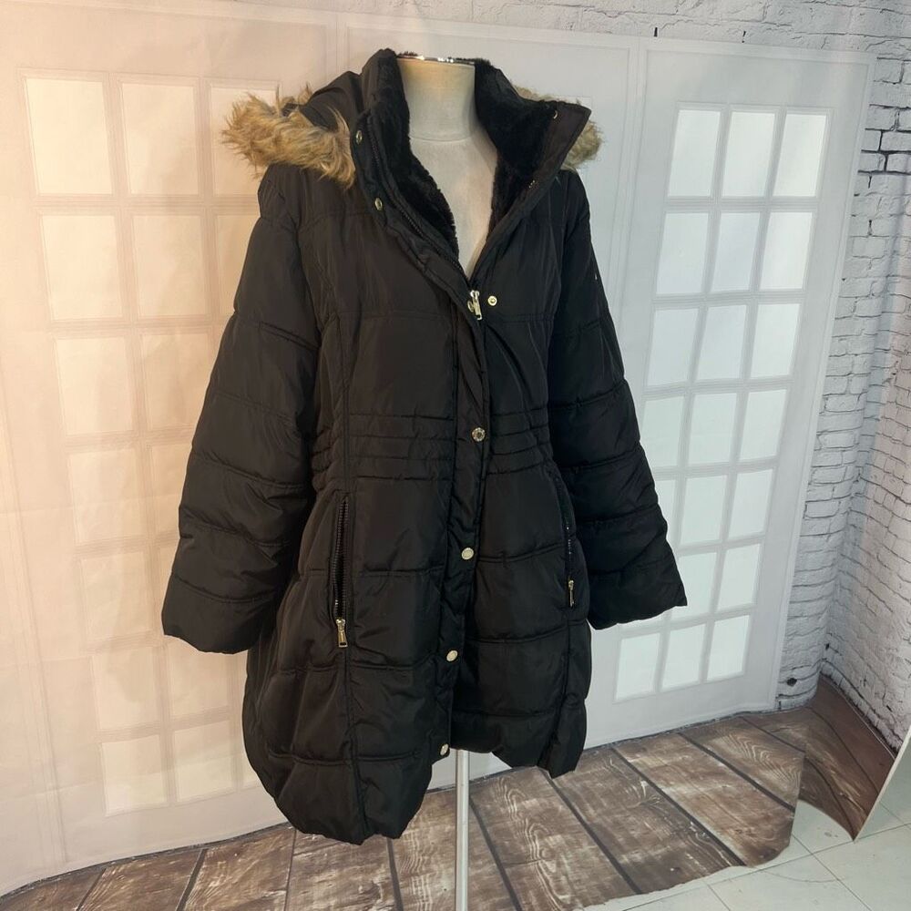 Laundry By Shelli Segal Black Detachable Faux Fur Hood Puffer Coat Size 2X - Picture 2 of 10